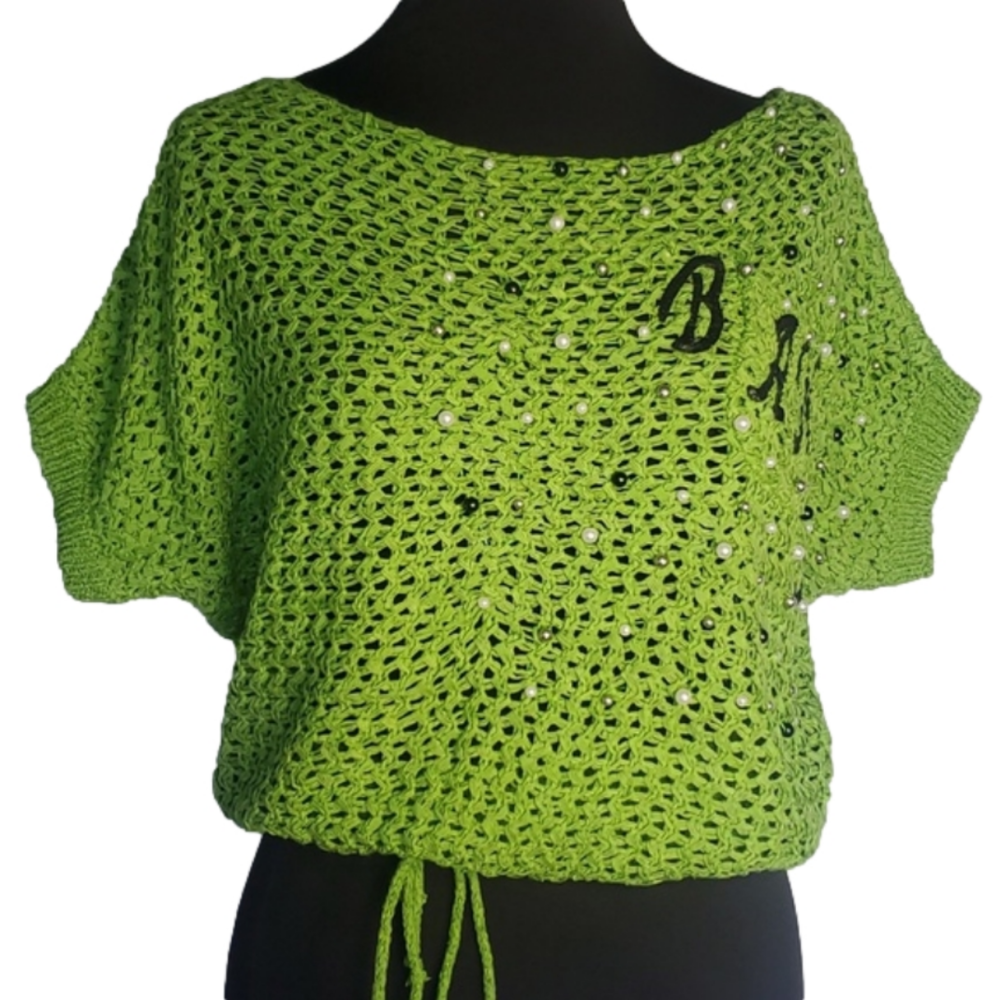 BANG custom knitwear Green scrunch crop with hand sewn pearls and beading